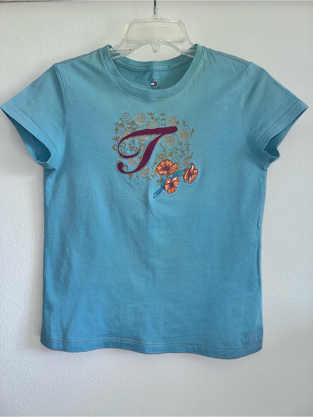 Tommy Hilfiger Teal Blue Tee with Orange Floral 'T' Logo embroidered size PS